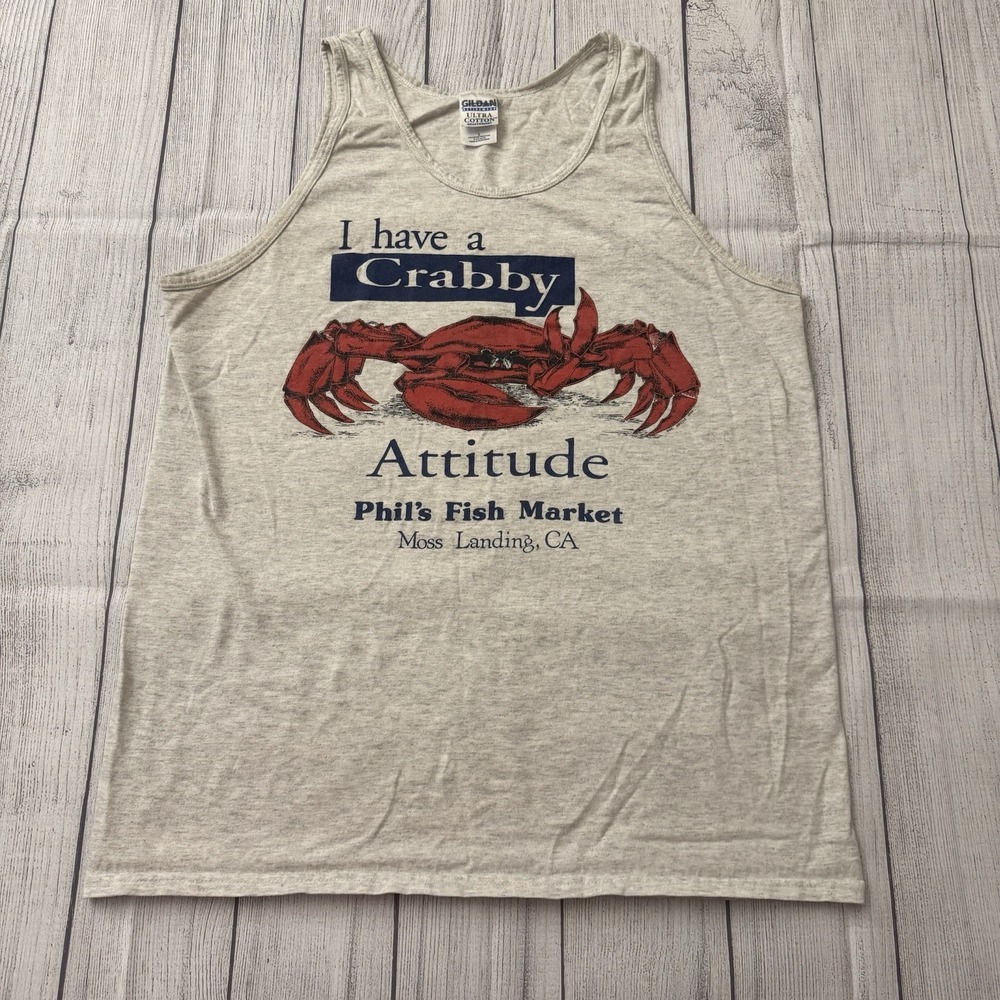 Vintage Crab Crewneck I Have A Crabby Attitude Phil's Fish Market Large‎ Tank